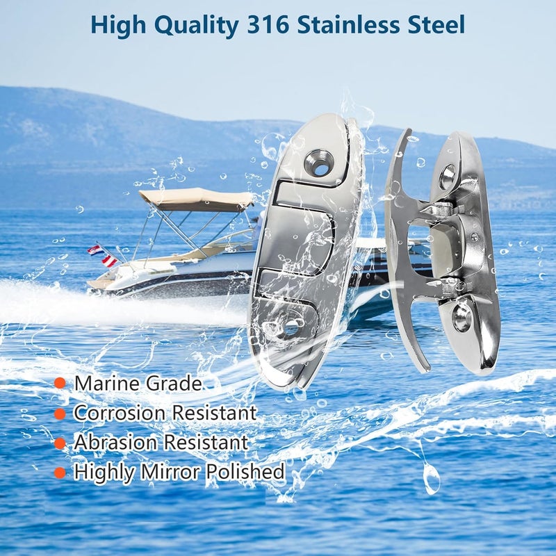 DEDU 4-1/2" Folding Boat Cleat 316 Stainless Steel, Marine Flip Up Dock Cleat 2 Holes, Boat Folding Cleat 6 Inch with Fasteners and Back Plates for Dock Lines Mooring Accessories (4 Pack) - Image 3